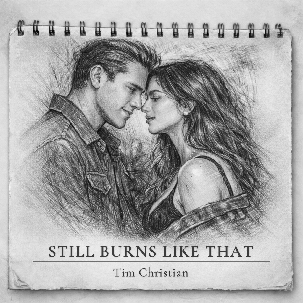 Still Burns Like That single cover — black-and-white sketch of a couple leaning toward each other in an intimate close-up.