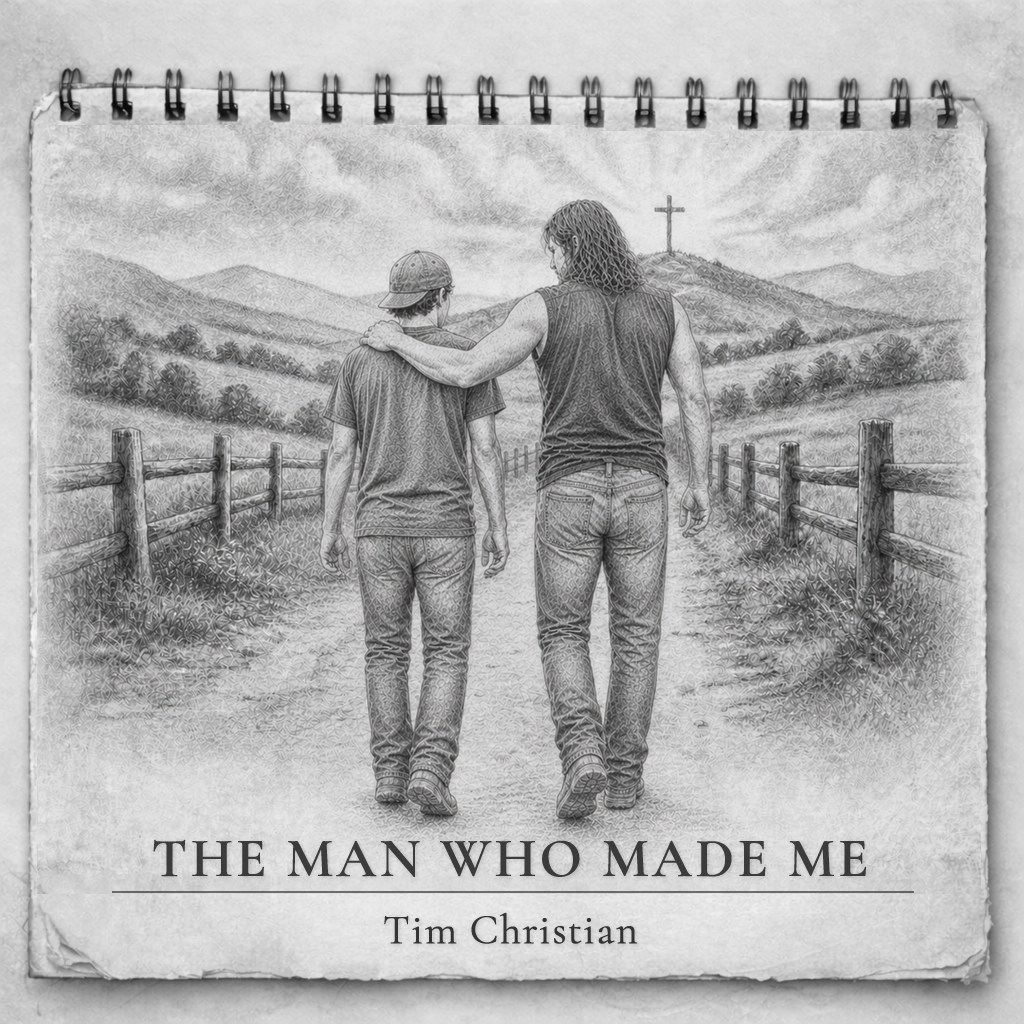 The Man Who Made Me single cover — graphite drawing of a man and boy walking down a country path toward distant hills and a cross.