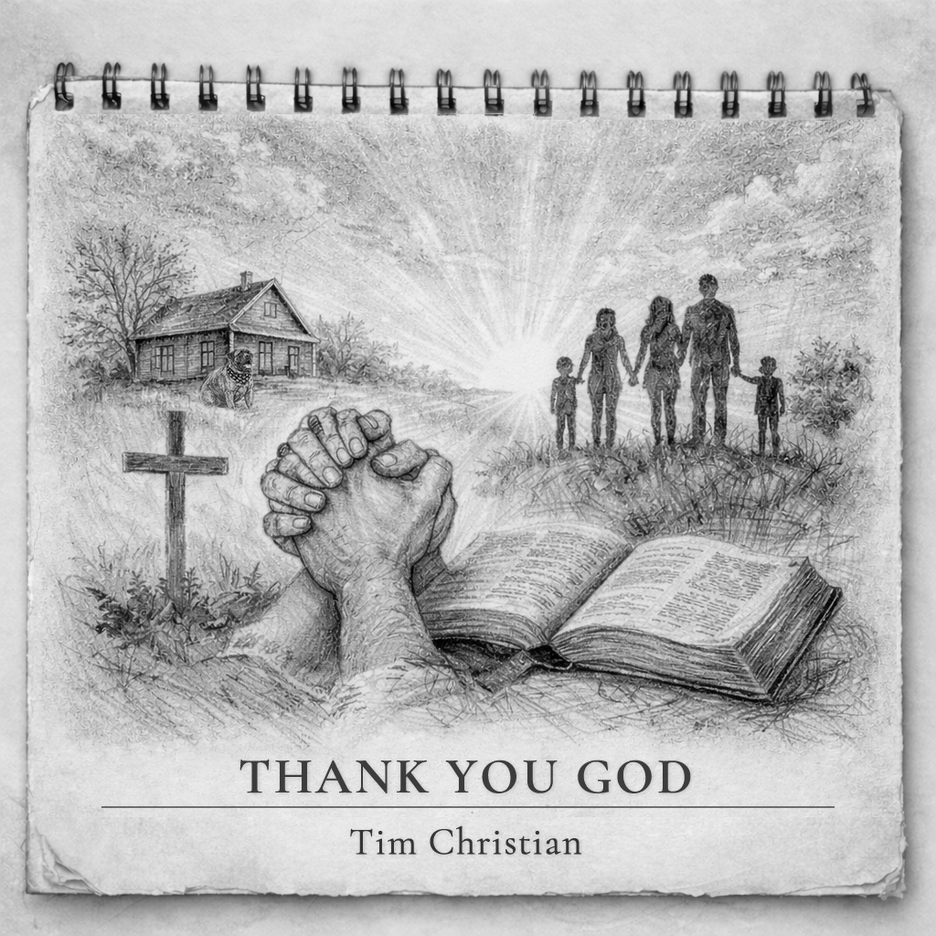 Thank You God single cover — pencil drawing of praying hands over an open Bible with a family, a home, and a cross in radiant light.