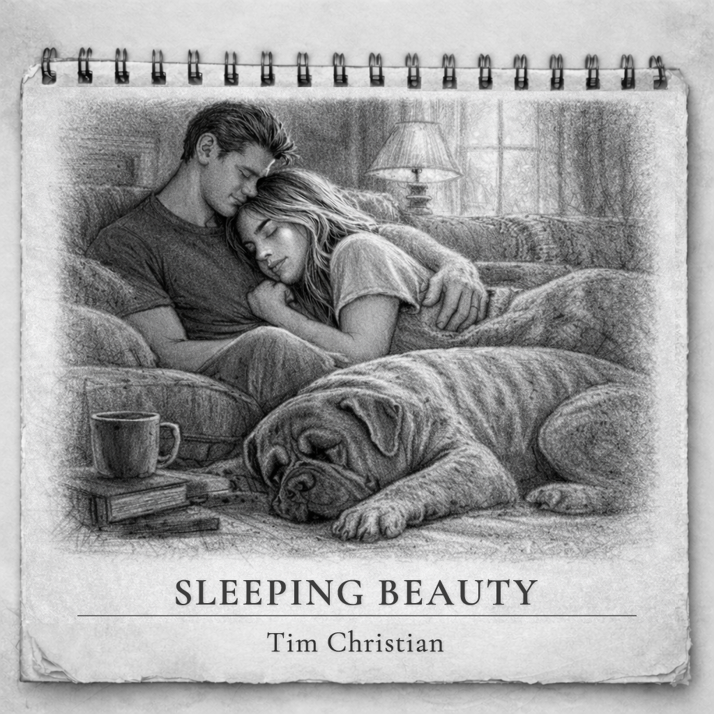 Sleeping Beauty single cover — charcoal illustration of a couple asleep on a couch with a bulldog resting in the foreground.