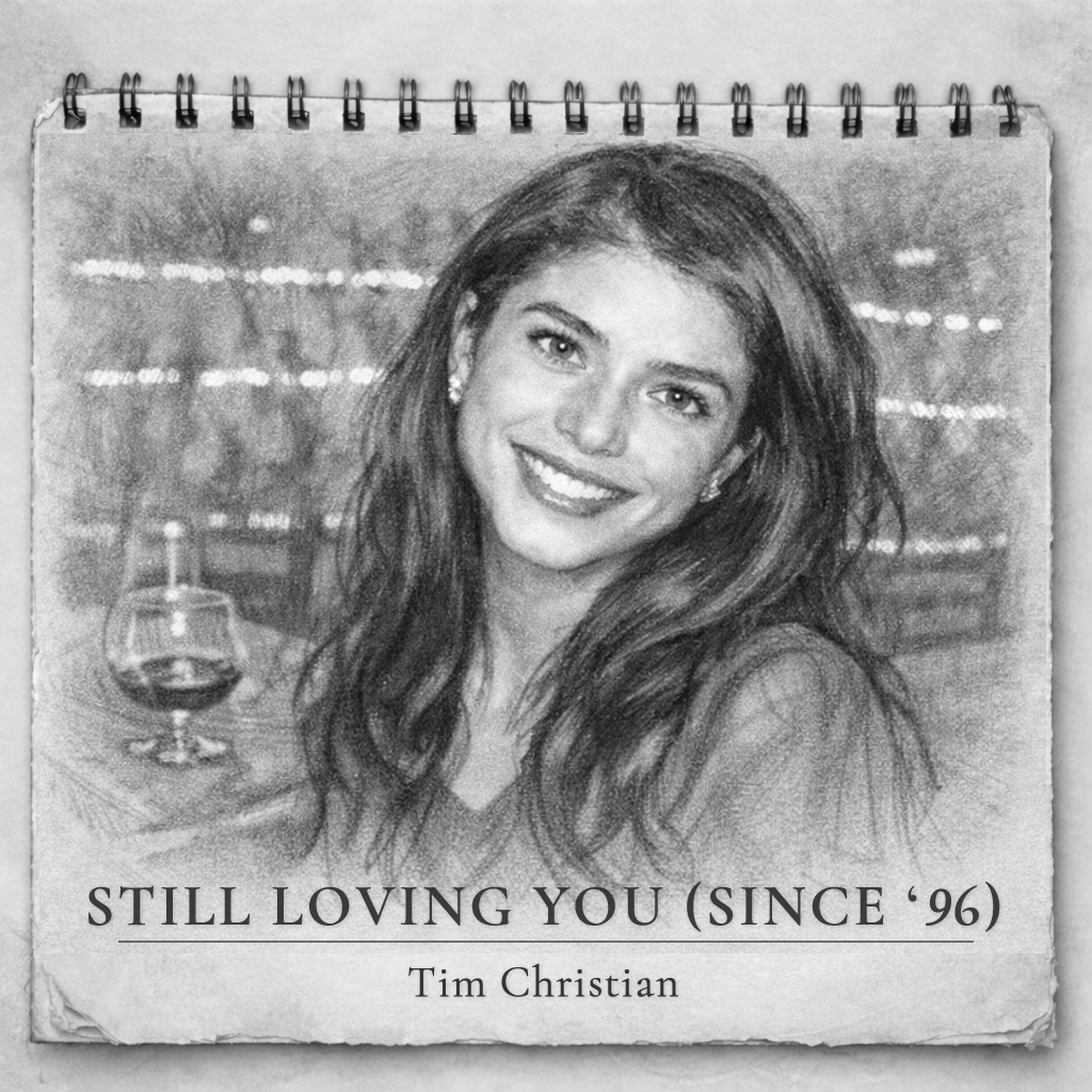Still Loving You (Since '96) single cover — black-and-white portrait sketch of a smiling young woman in a softly lit setting.