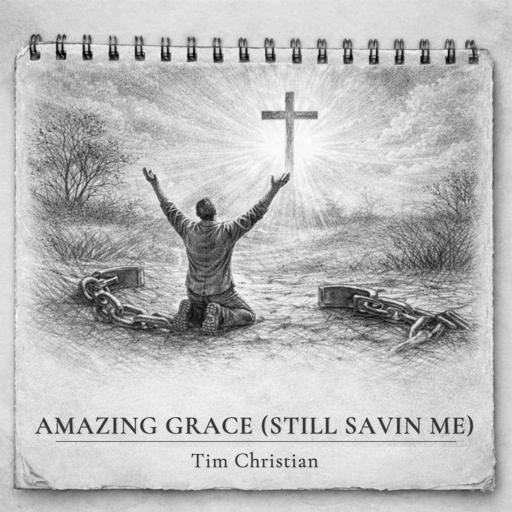 Amazing Grace (Still Savin Me) single cover — pencil sketch of a kneeling figure with broken chains reaching toward a radiant cross.