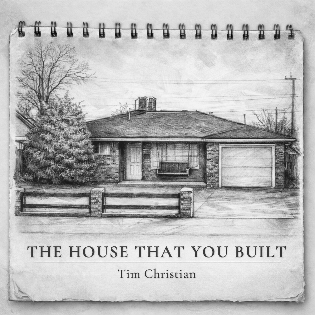 The House That You Built single cover — graphite sketch of a family home viewed from the street with a garage and front fence.