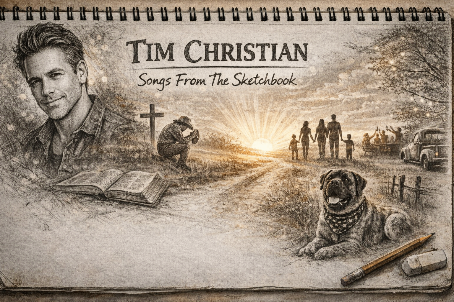 Tim Christian — Songs From The Sketchbook. Aged sepia sketchbook banner: pencil portrait of the artist, hand-lettered TIM CHRISTIAN wordmark with a flowing 'Songs From The Sketchbook' script tagline, a man kneeling in prayer beside a cross at sunrise, a family walking a dirt road, an old pickup truck, an open Bible, and a faithful dog resting in the foreground.